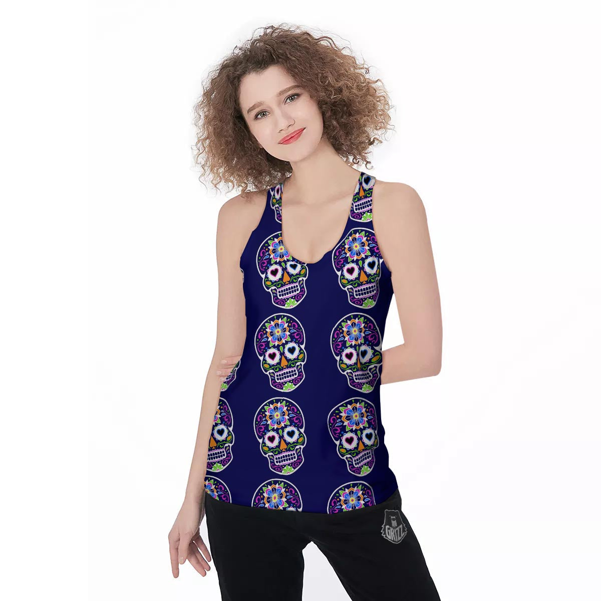 Sugar Skull Teal Pink Print Pattern Women's Racerback Tank Top-grizzshop