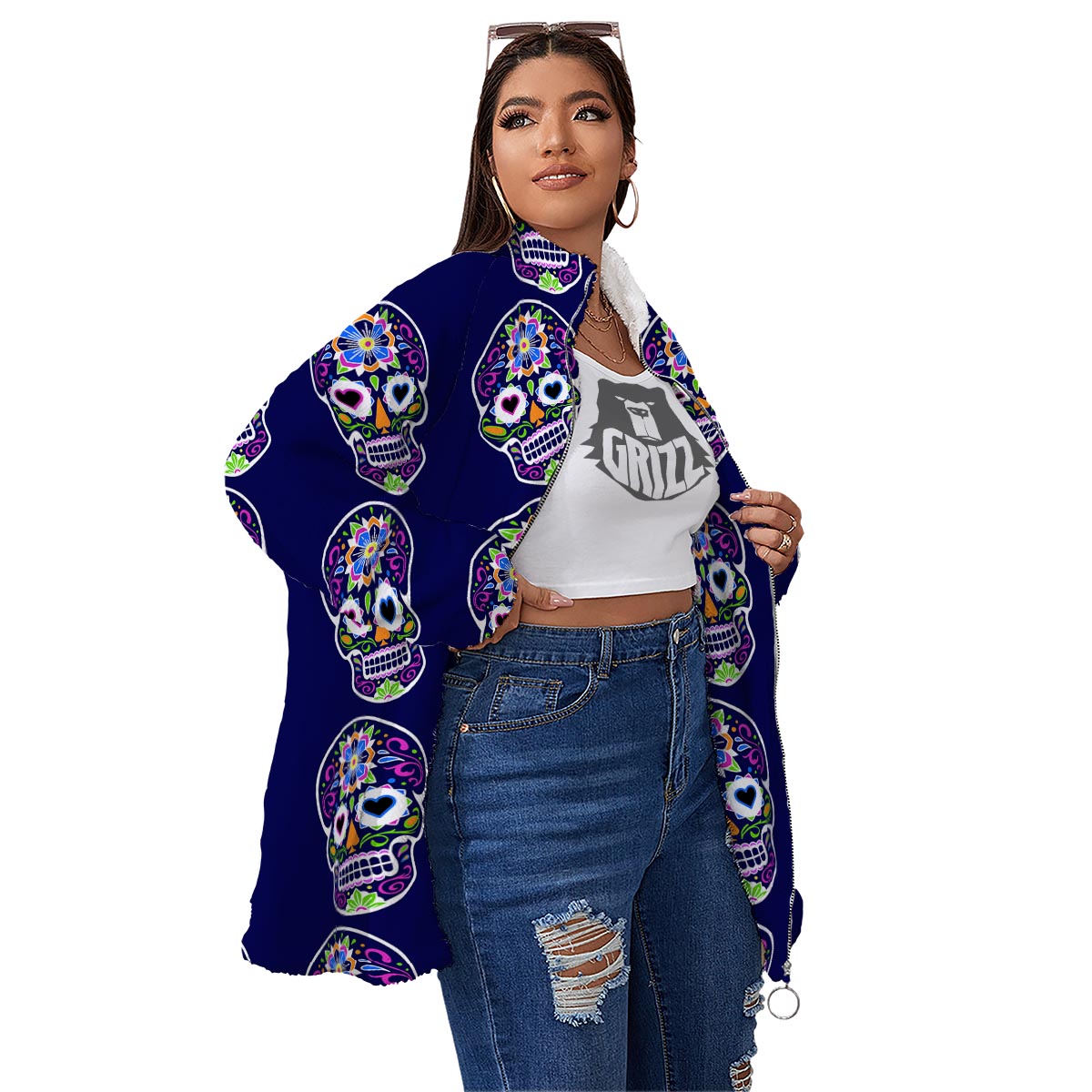 Sugar Skull Teal Pink Print Pattern Women's Sherpa Jacket-grizzshop
