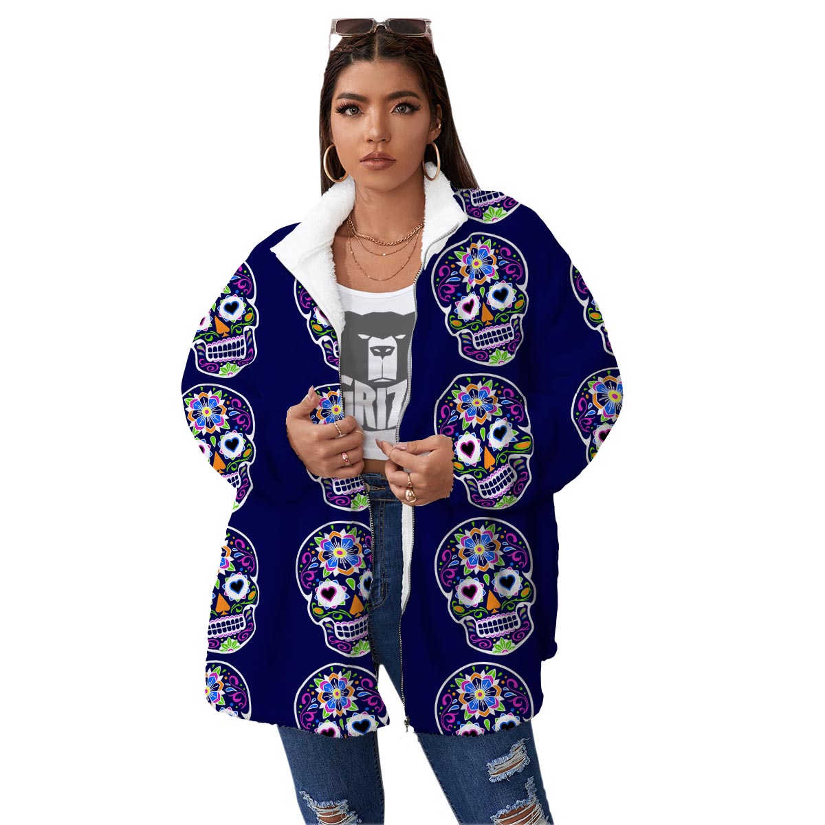 Sugar Skull Teal Pink Print Pattern Women's Sherpa Jacket-grizzshop