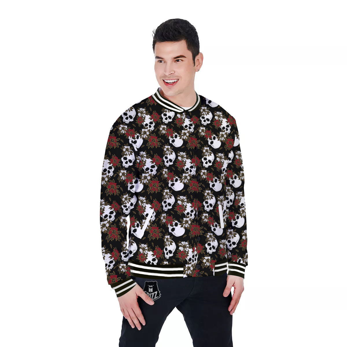 Sugar Skull White And Red Print Pattern Baseball Jacket-grizzshop