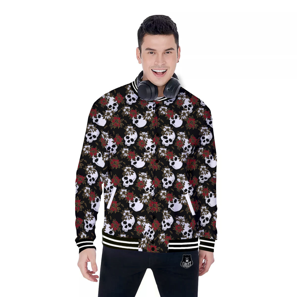 Sugar Skull White And Red Print Pattern Baseball Jacket-grizzshop