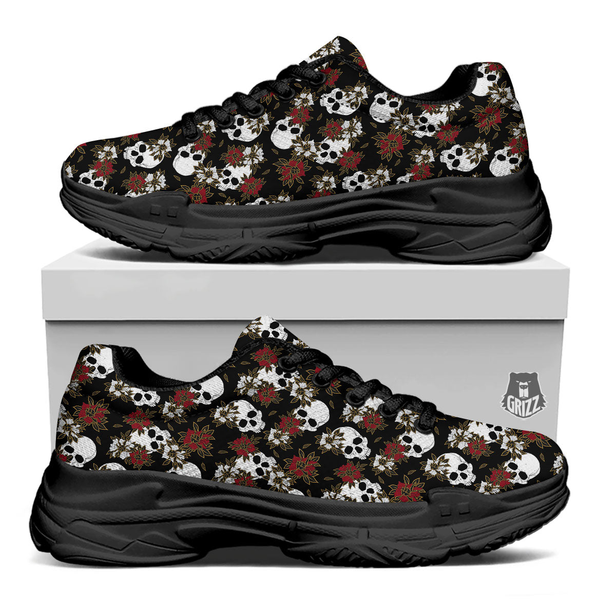 Sugar Skull White And Red Print Pattern Black Chunky Shoes-grizzshop