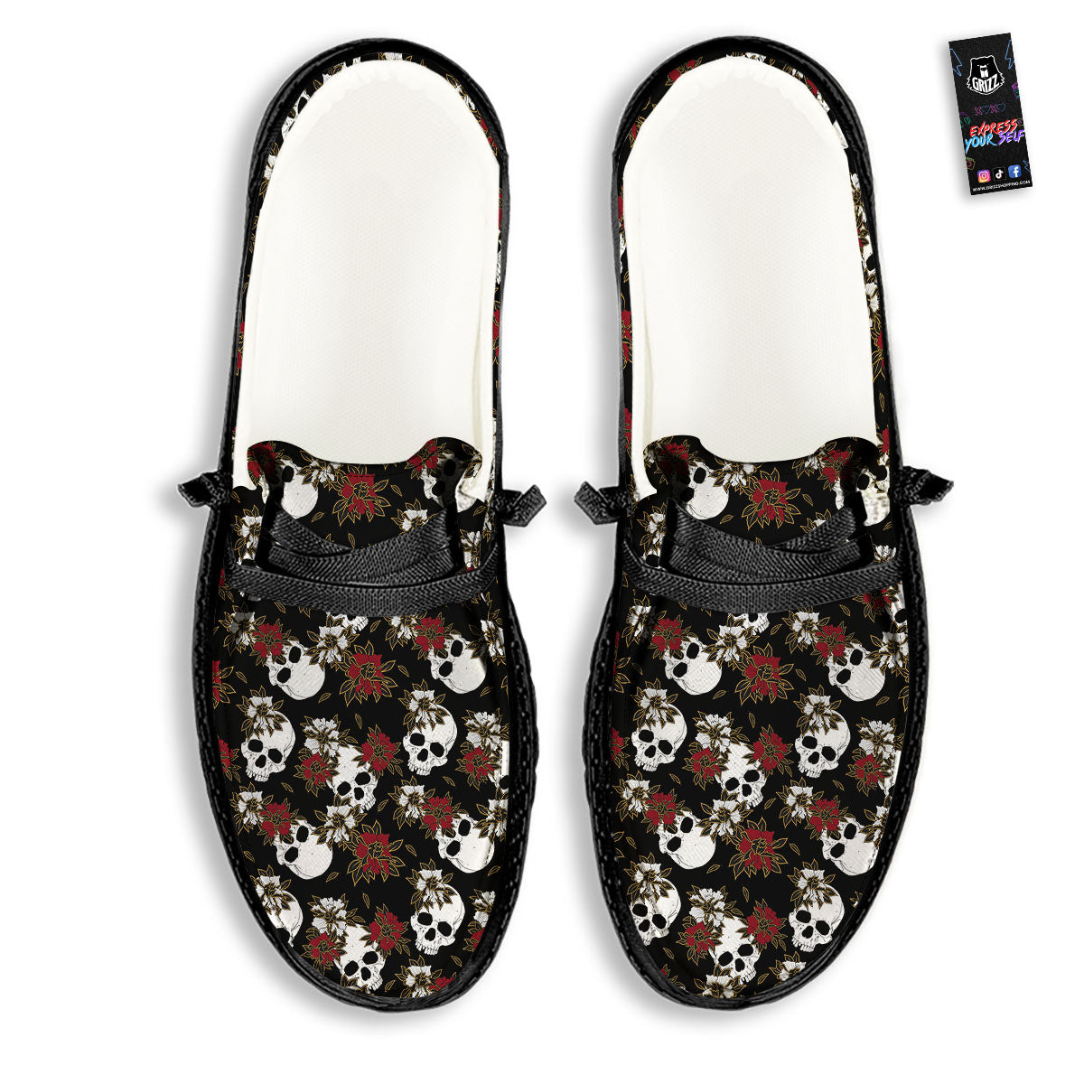 Sugar Skull White And Red Print Pattern Black Loafers-grizzshop
