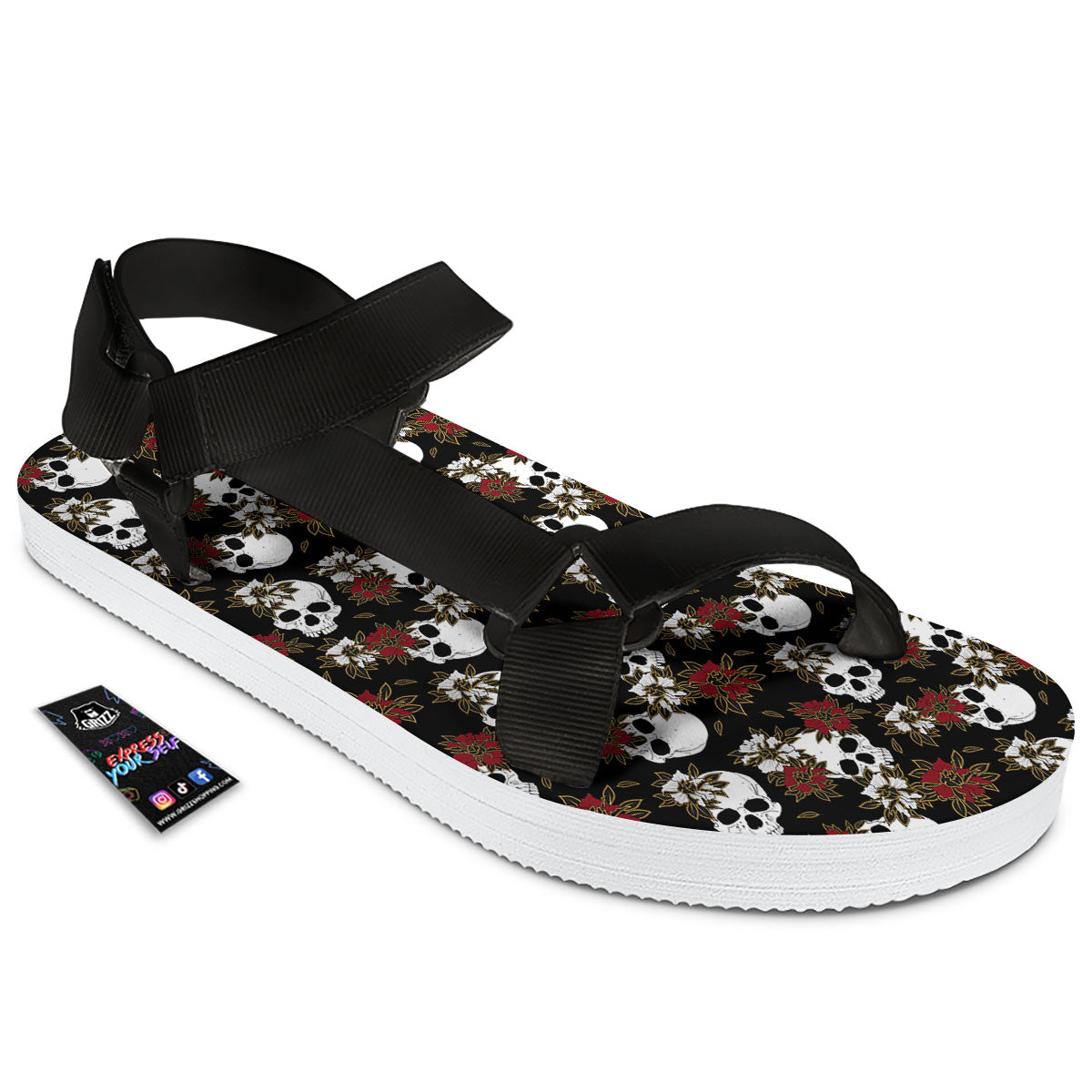 Sugar Skull White And Red Print Pattern Black Open Toe Sandals-grizzshop