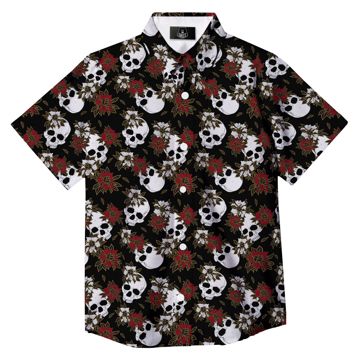 Sugar Skull White And Red Print Pattern Button Up Shirt-grizzshop
