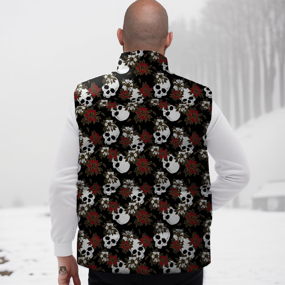 Sugar Skull White And Red Print Pattern Down Vest