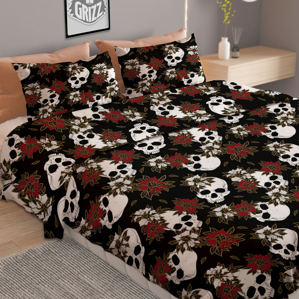 Sugar Skull White And Red Print Pattern Duvet Cover Bedding Set