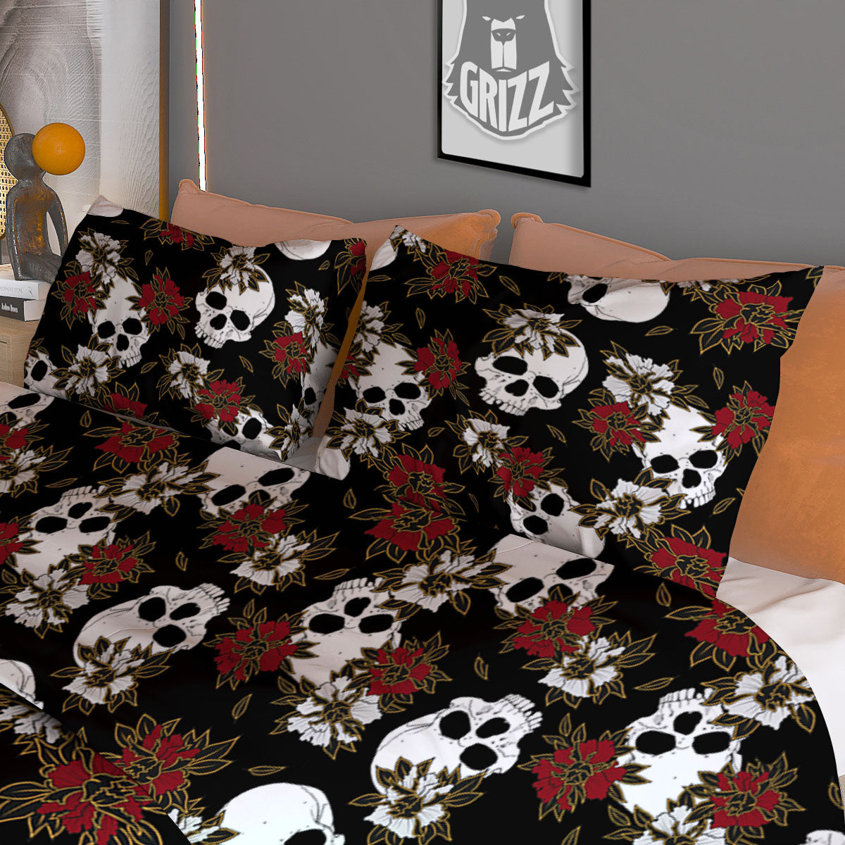 Sugar Skull White And Red Print Pattern Duvet Cover Bedding Set