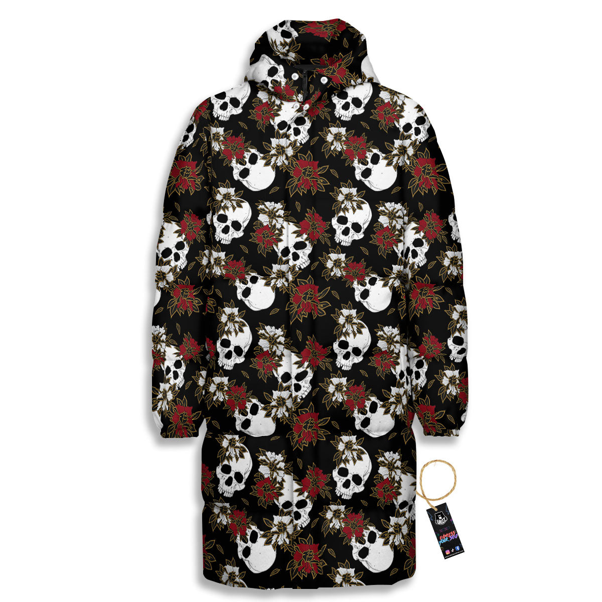 Sugar Skull White And Red Print Pattern Long Down Jacket-grizzshop