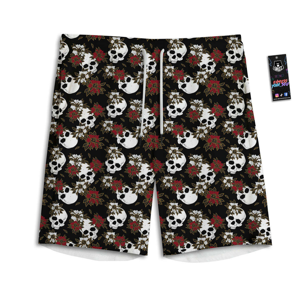 Sugar Skull White And Red Print Pattern Men's Athletic Shorts