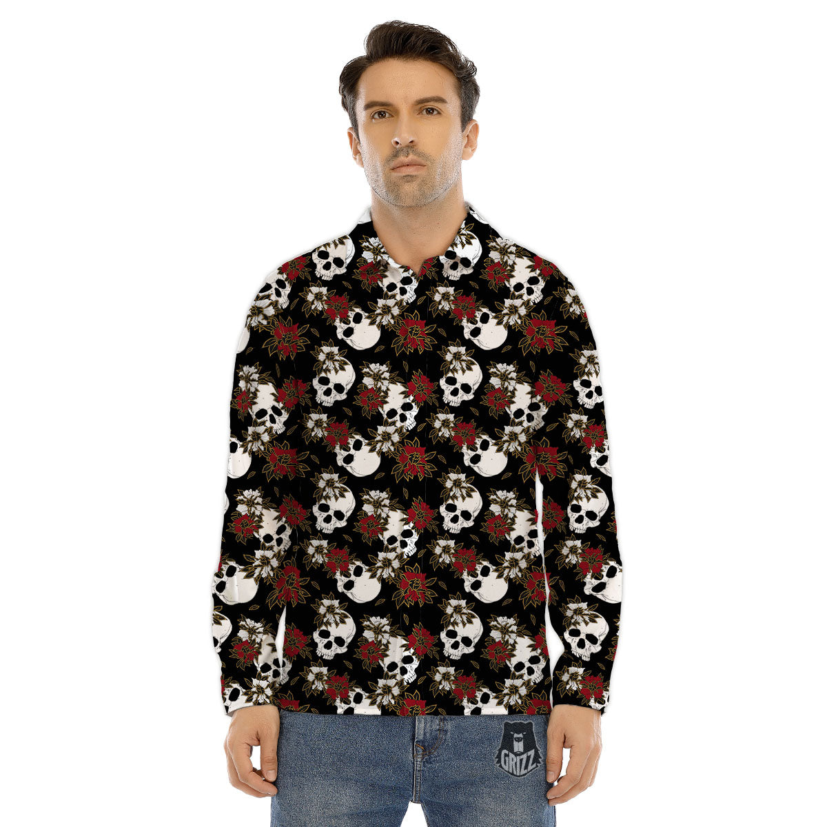 Sugar Skull White And Red Print Pattern Men's Dress Shirts-grizzshop