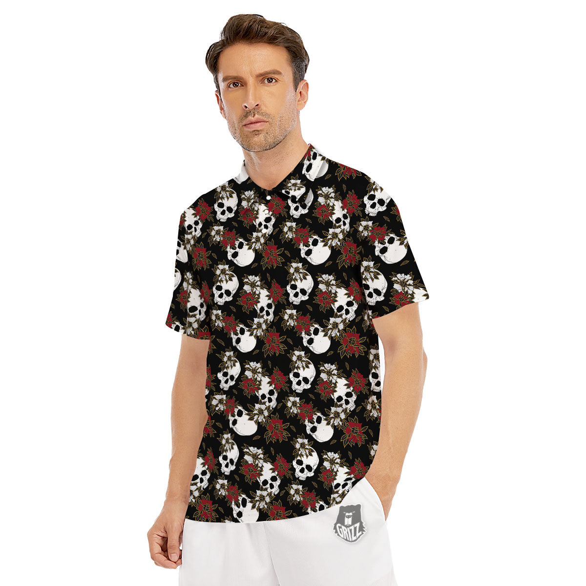 Sugar Skull White And Red Print Pattern Men's Golf Shirts-grizzshop