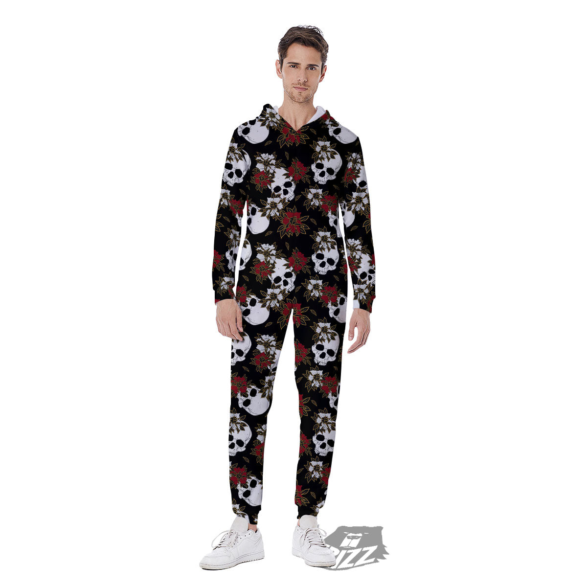 Sugar Skull White And Red Print Pattern Men's Jumpsuit-grizzshop
