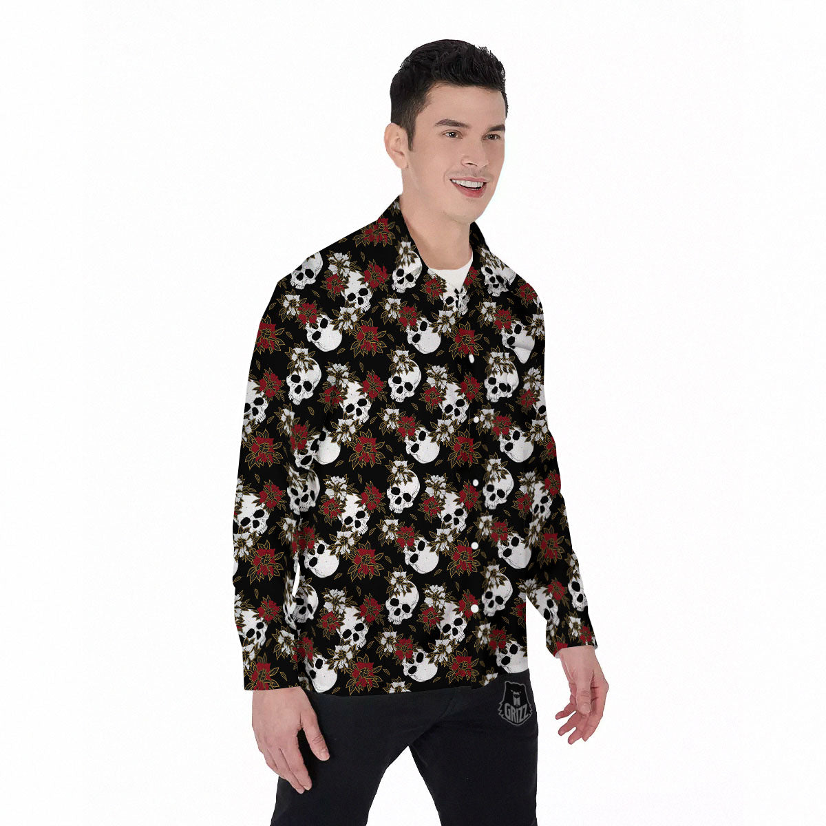Sugar Skull White And Red Print Pattern Men's Long Sleeve Shirts-grizzshop