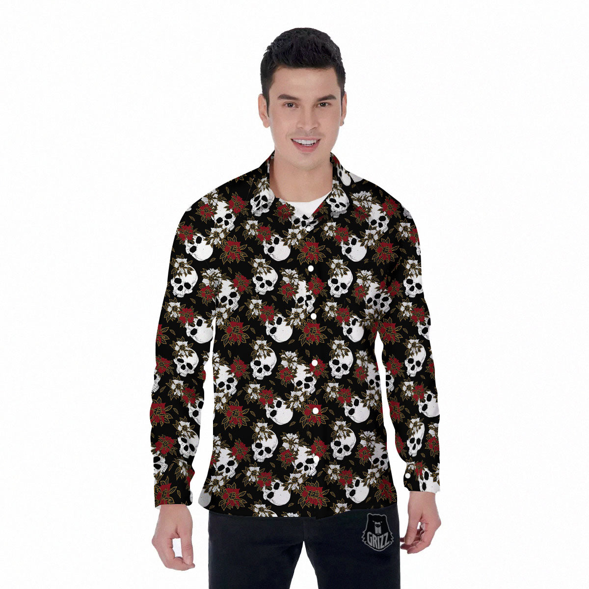 Sugar Skull White And Red Print Pattern Men's Long Sleeve Shirts-grizzshop