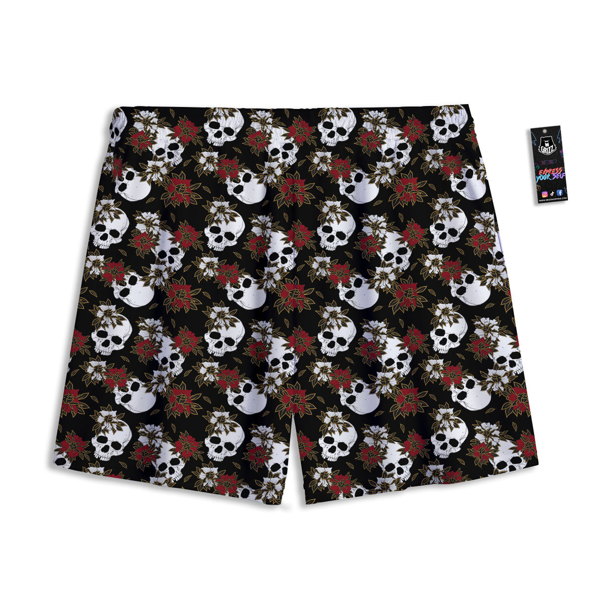 Sugar Skull White And Red Print Pattern Mesh Shorts