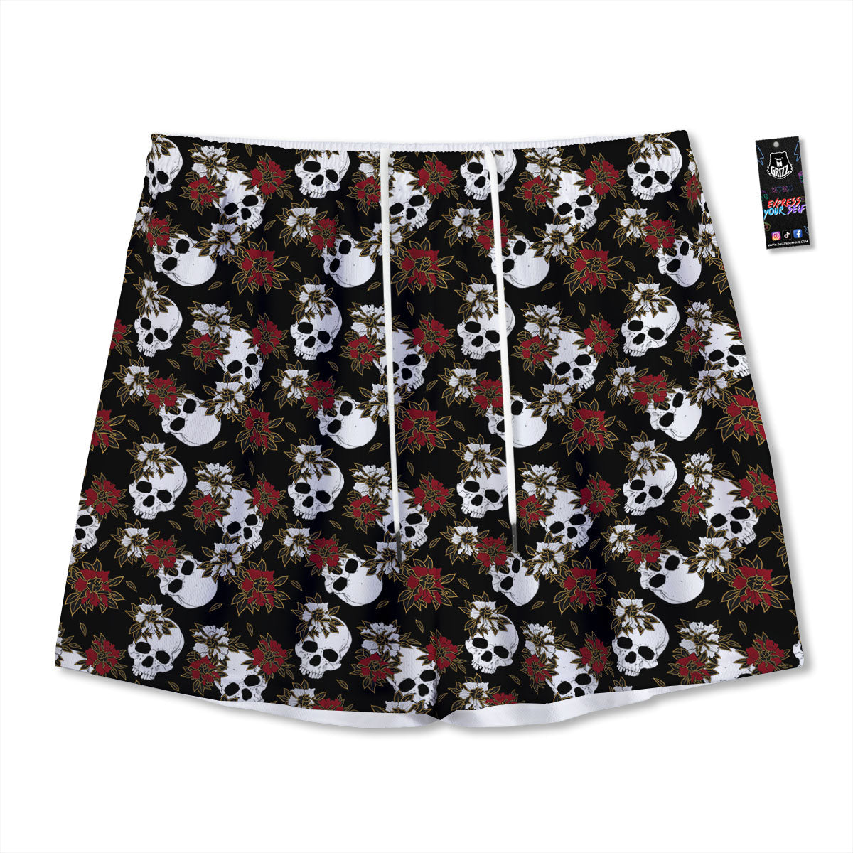 Sugar Skull White And Red Print Pattern Mesh Shorts