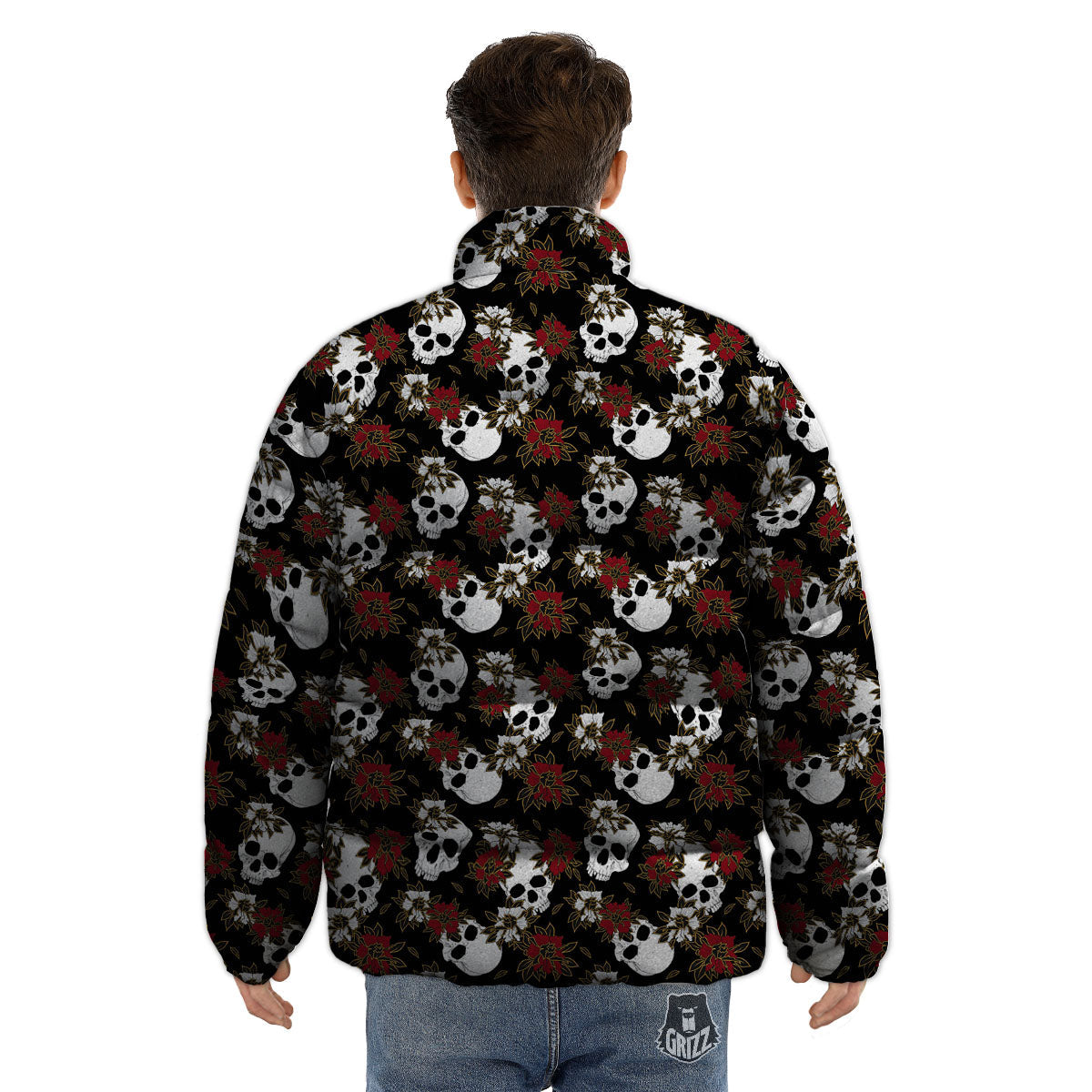 Sugar Skull White And Red Print Pattern Puffer Jacket-grizzshop