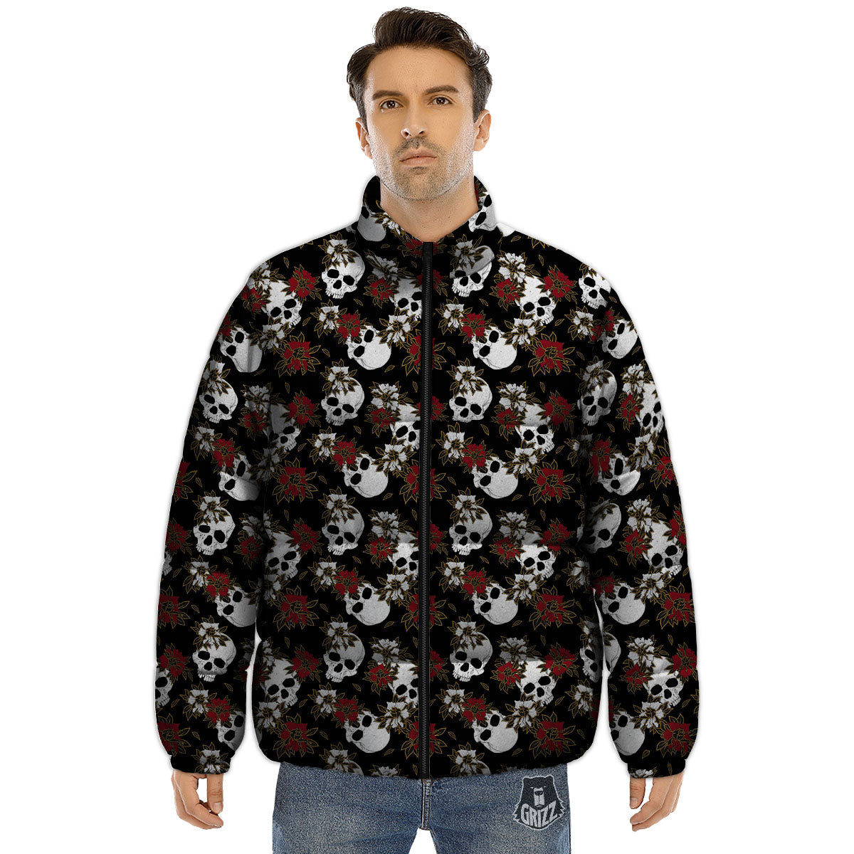 Sugar Skull White And Red Print Pattern Puffer Jacket-grizzshop