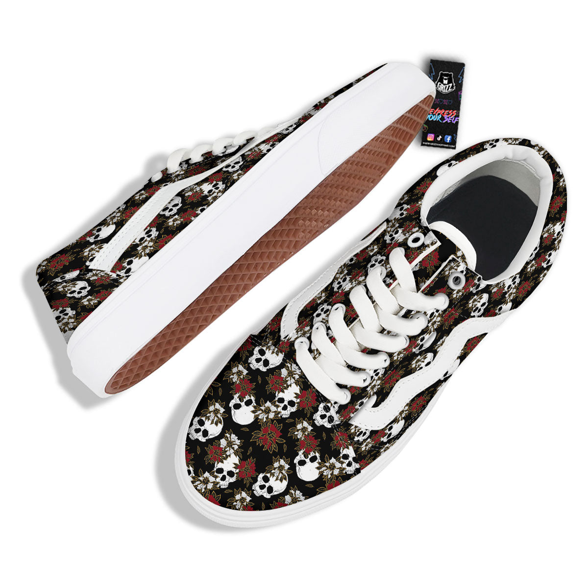 Sugar Skull White And Red Print Pattern Skate Shoes-grizzshop