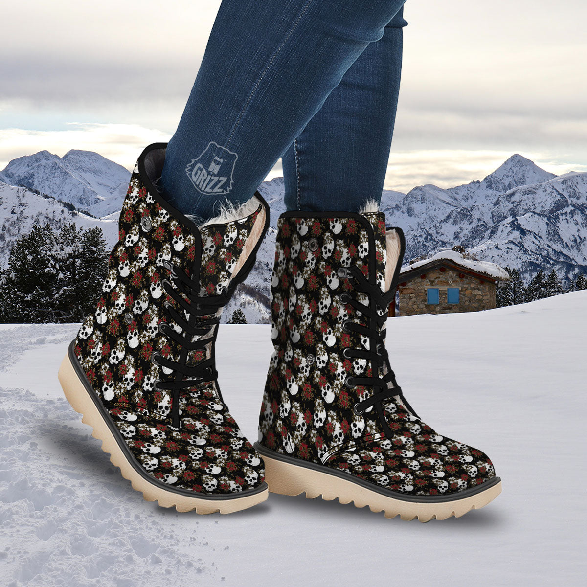 Sugar Skull White And Red Print Pattern Snow Boots-grizzshop
