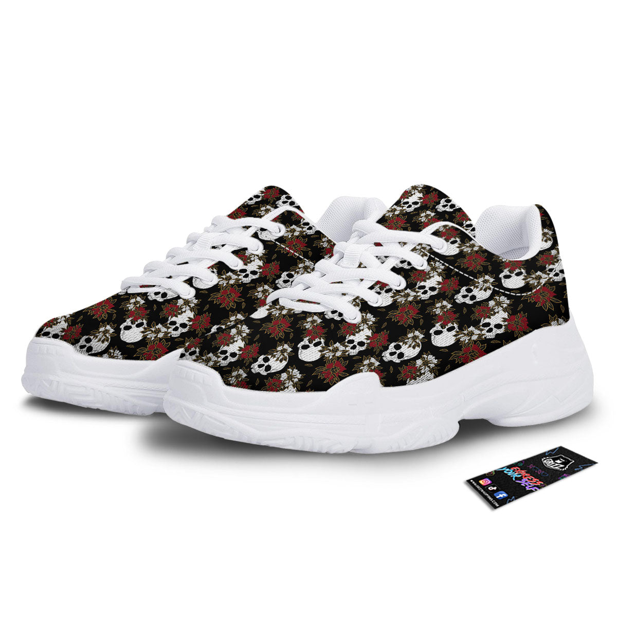 Sugar Skull White And Red Print Pattern White Chunky Shoes-grizzshop