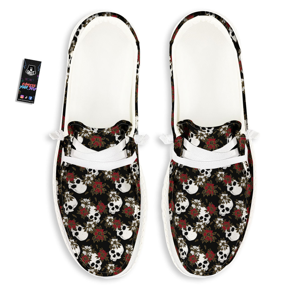 Sugar Skull White And Red Print Pattern White Loafers-grizzshop