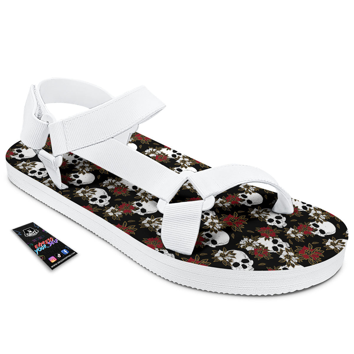 Sugar Skull White And Red Print Pattern White Open Toe Sandals-grizzshop