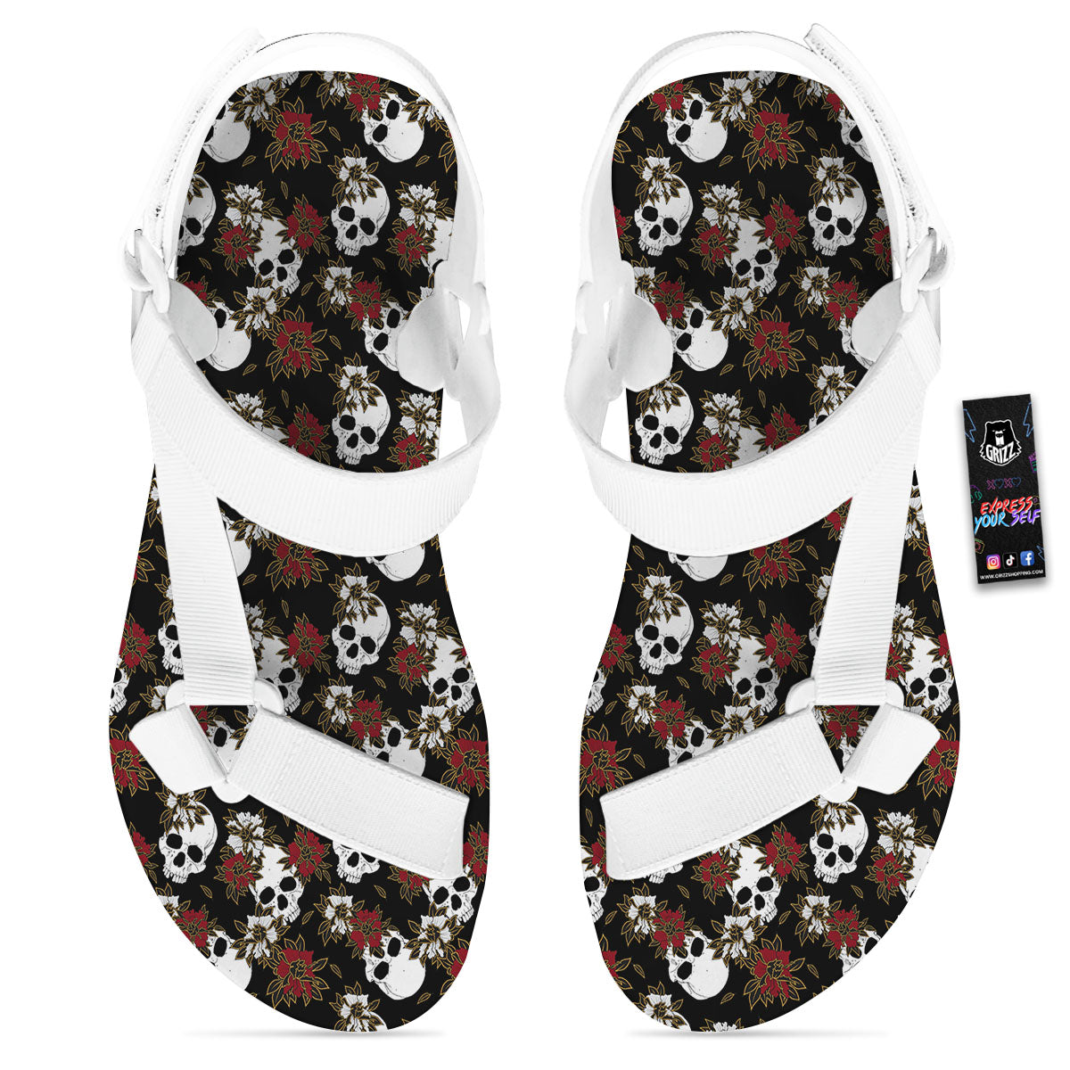 Sugar Skull White And Red Print Pattern White Open Toe Sandals-grizzshop