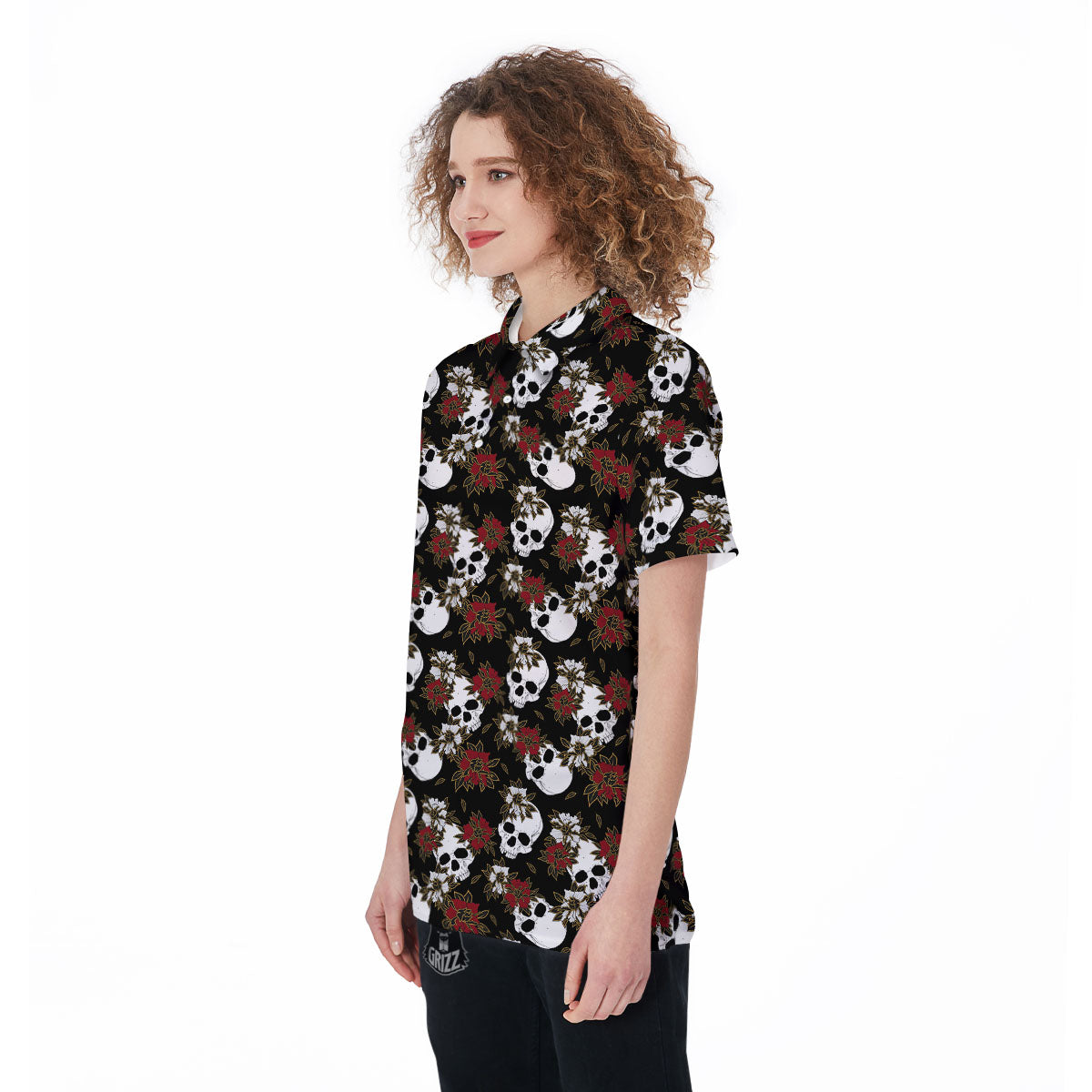 Sugar Skull White And Red Print Pattern Women's Golf Shirts-grizzshop