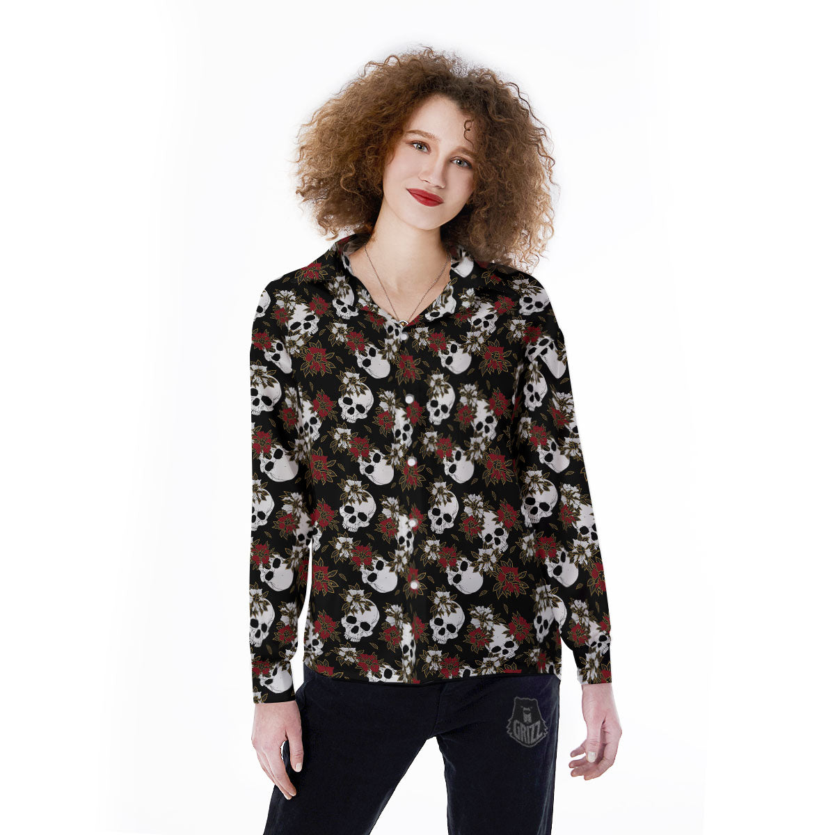 Sugar Skull White And Red Print Pattern Women's Long Sleeve Shirts-grizzshop