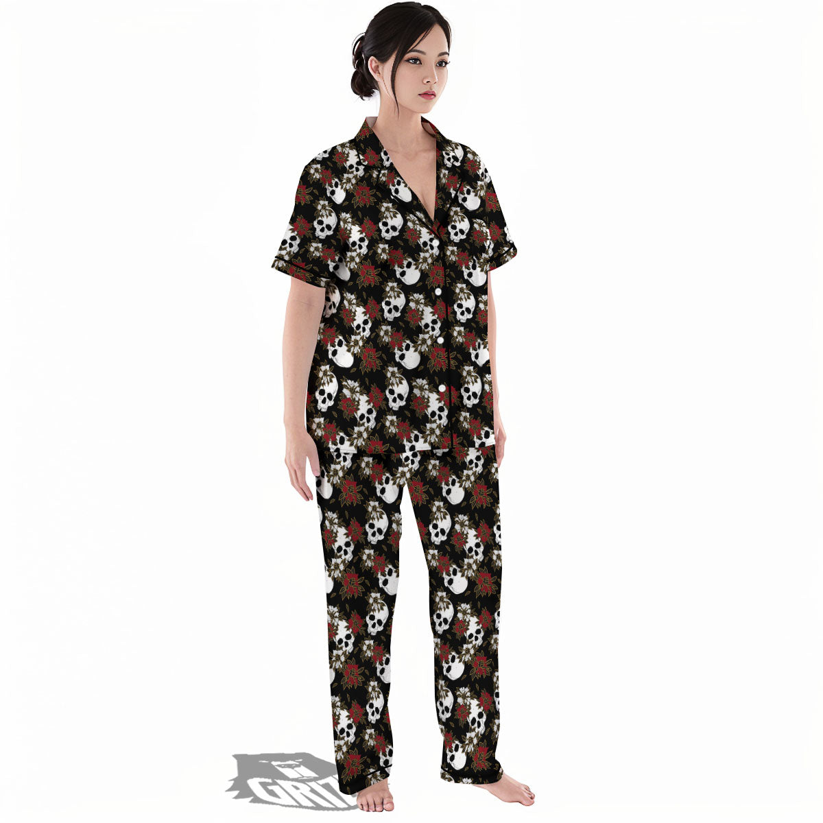 Sugar Skull White And Red Print Pattern Women's Pajamas Set-grizzshop