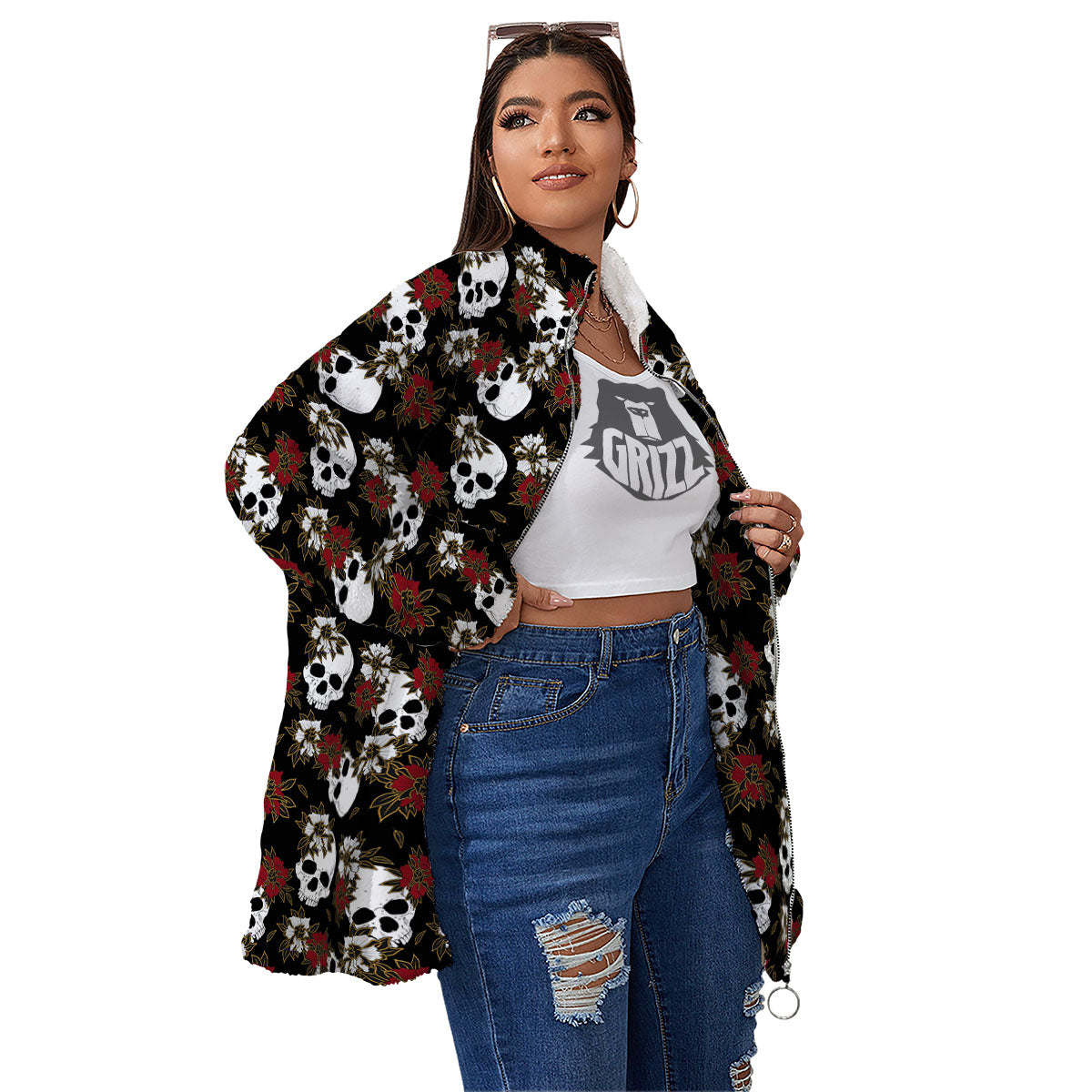 Sugar Skull White And Red Print Pattern Women's Sherpa Jacket-grizzshop
