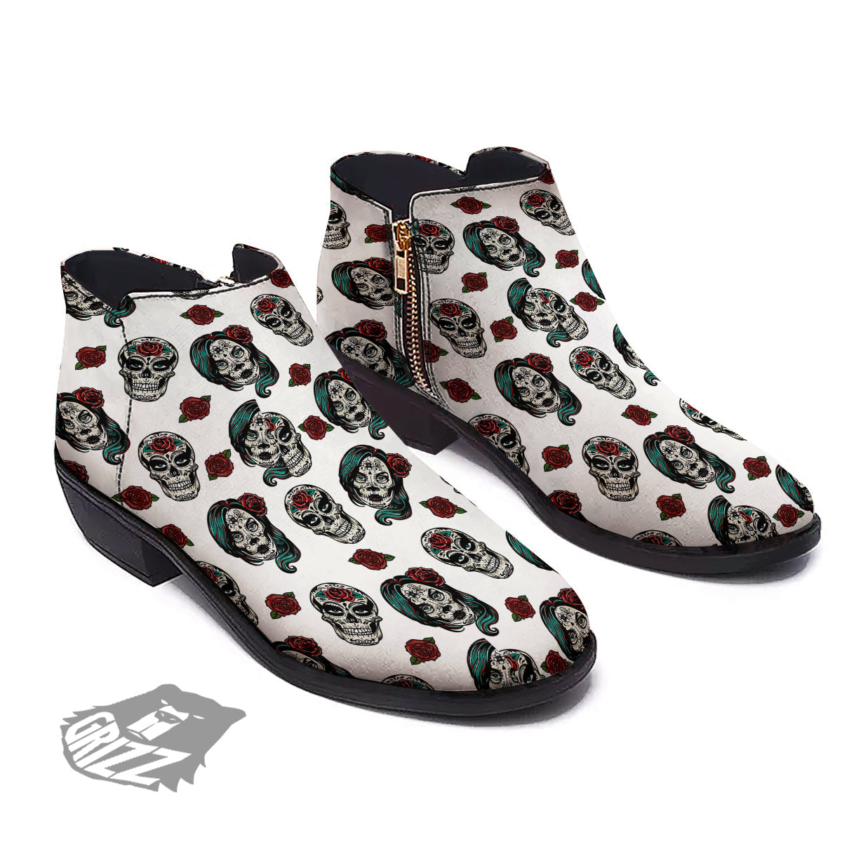 Sugar Skull White Floral Print Pattern Ankle Boots-grizzshop