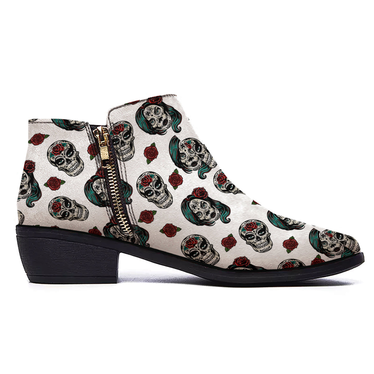 Sugar Skull White Floral Print Pattern Ankle Boots-grizzshop