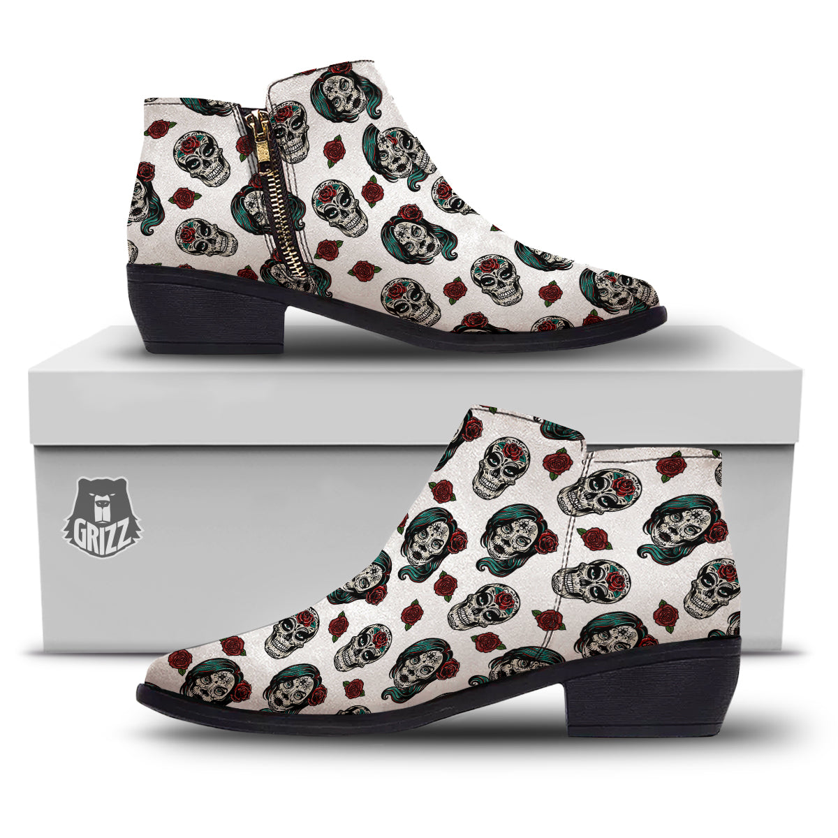 Sugar Skull White Floral Print Pattern Ankle Boots-grizzshop