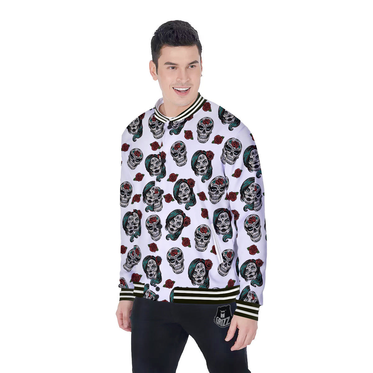 Sugar Skull White Floral Print Pattern Baseball Jacket-grizzshop