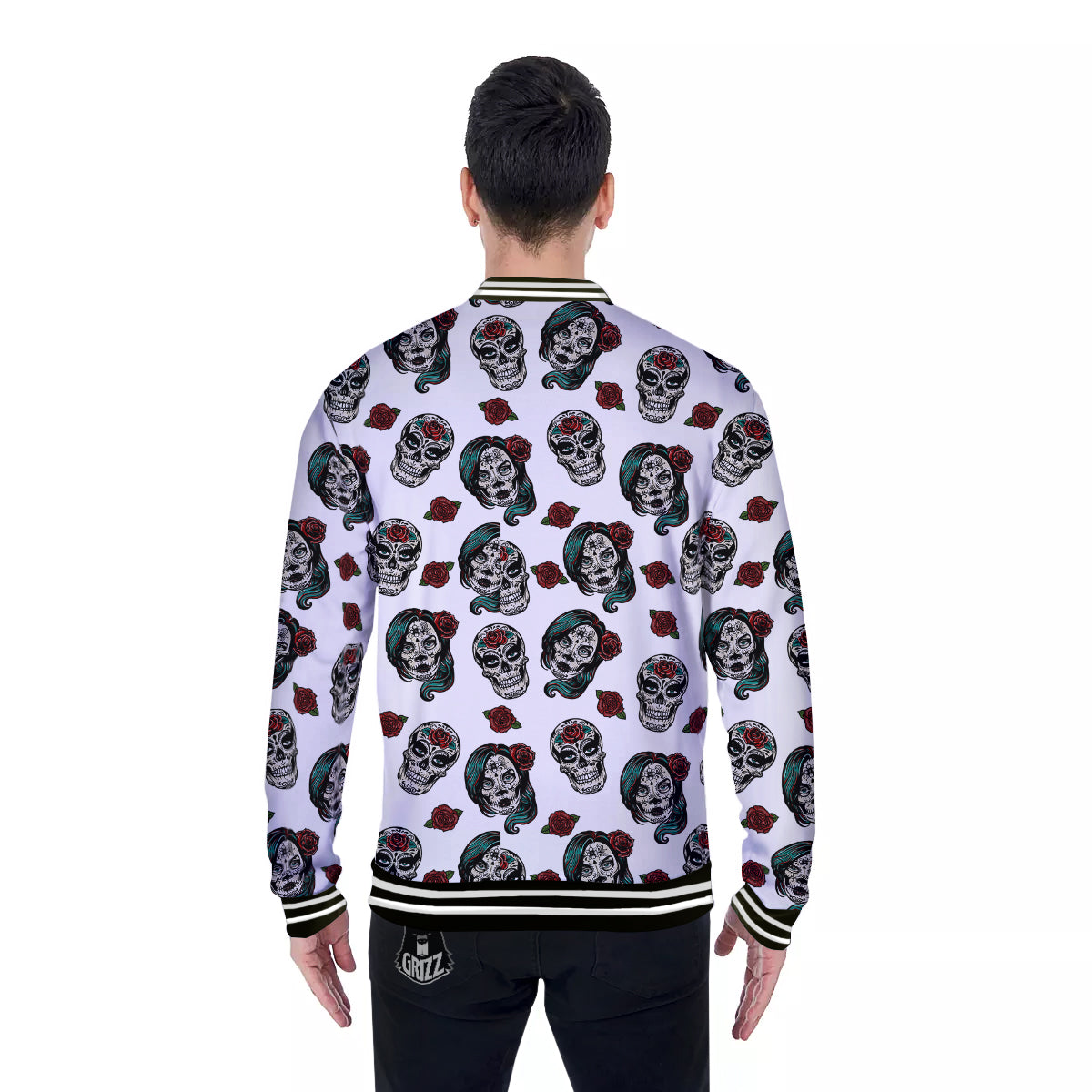 Sugar Skull White Floral Print Pattern Baseball Jacket-grizzshop