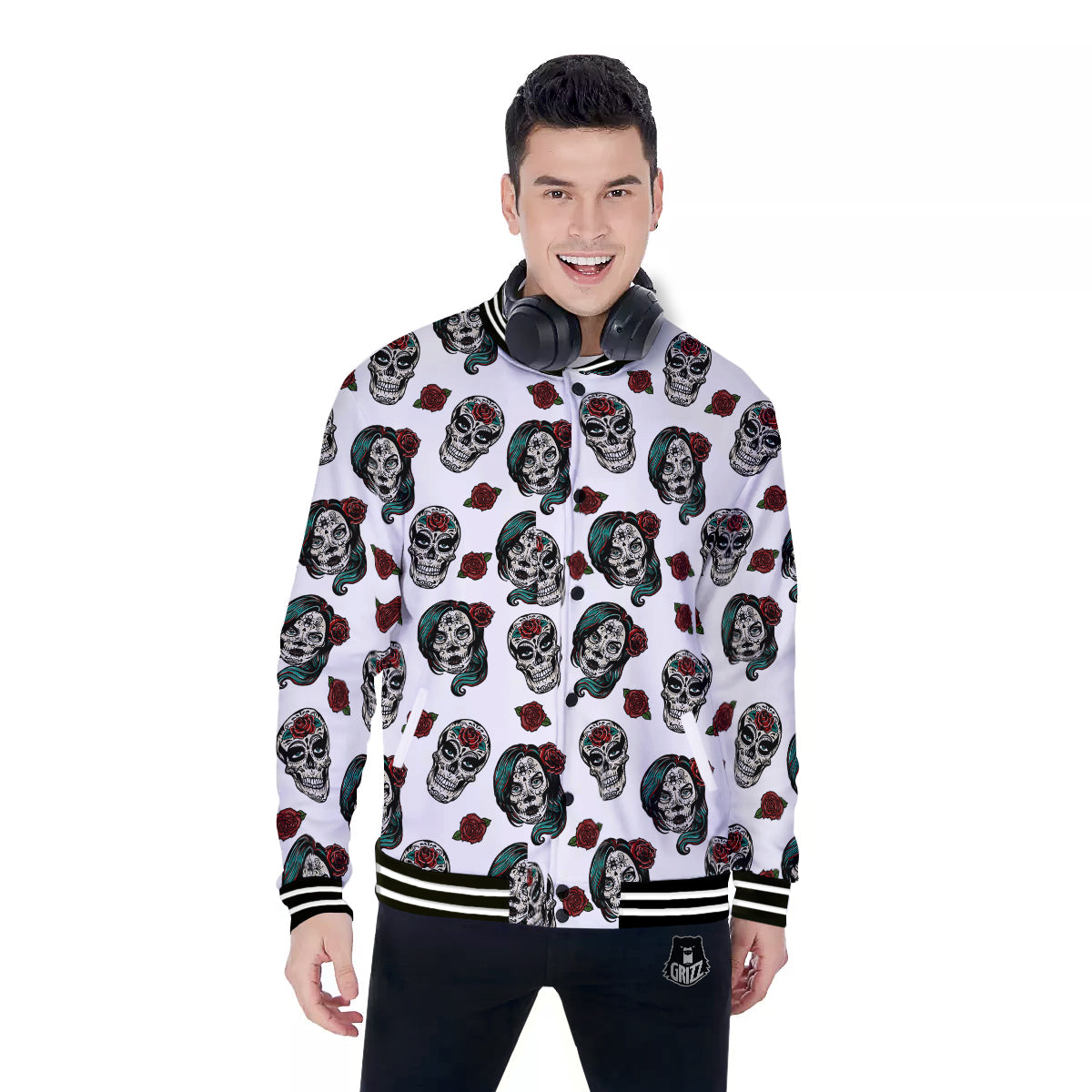 Sugar Skull White Floral Print Pattern Baseball Jacket-grizzshop