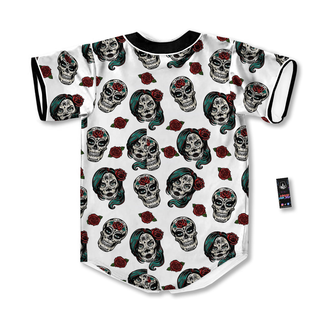 Sugar Skull White Floral Print Pattern Baseball Jersey-grizzshop