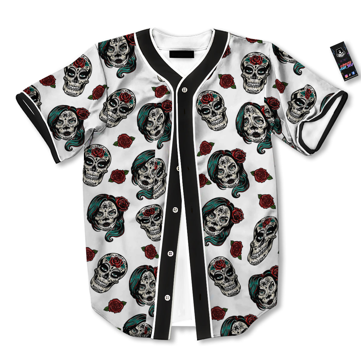 Sugar Skull White Floral Print Pattern Baseball Jersey-grizzshop