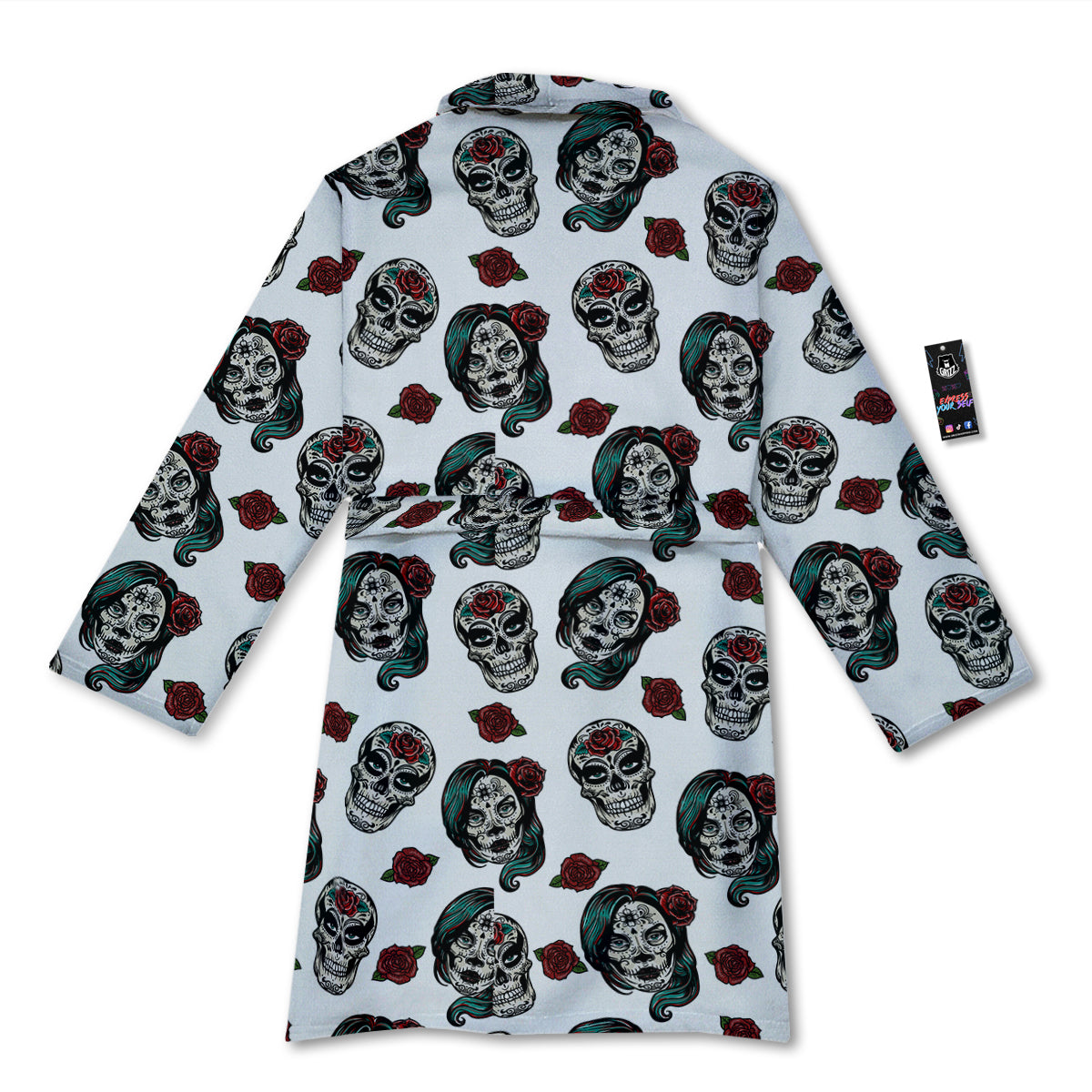 Sugar Skull White Floral Print Pattern Bathrobe-grizzshop