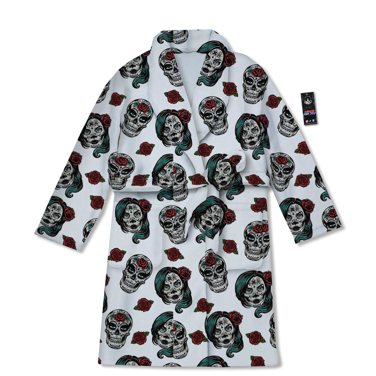 Sugar Skull White Floral Print Pattern Bathrobe-grizzshop