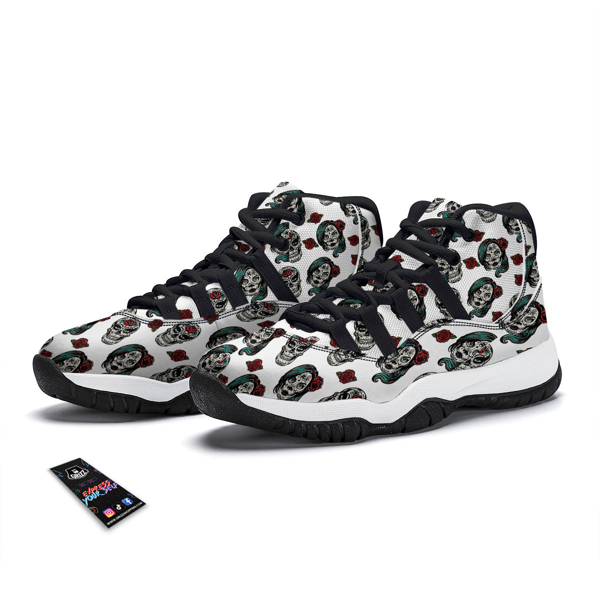 Sugar Skull White Floral Print Pattern Black Bball Shoes-grizzshop