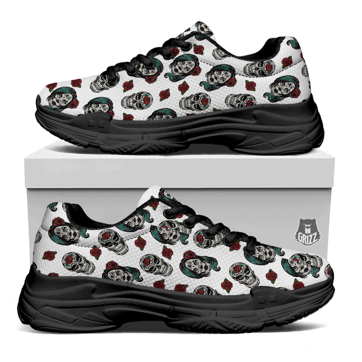 Sugar Skull White Floral Print Pattern Black Chunky Shoes-grizzshop