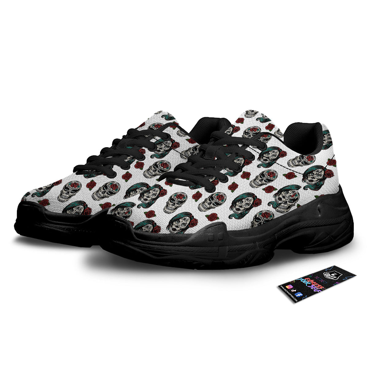 Sugar Skull White Floral Print Pattern Black Chunky Shoes-grizzshop