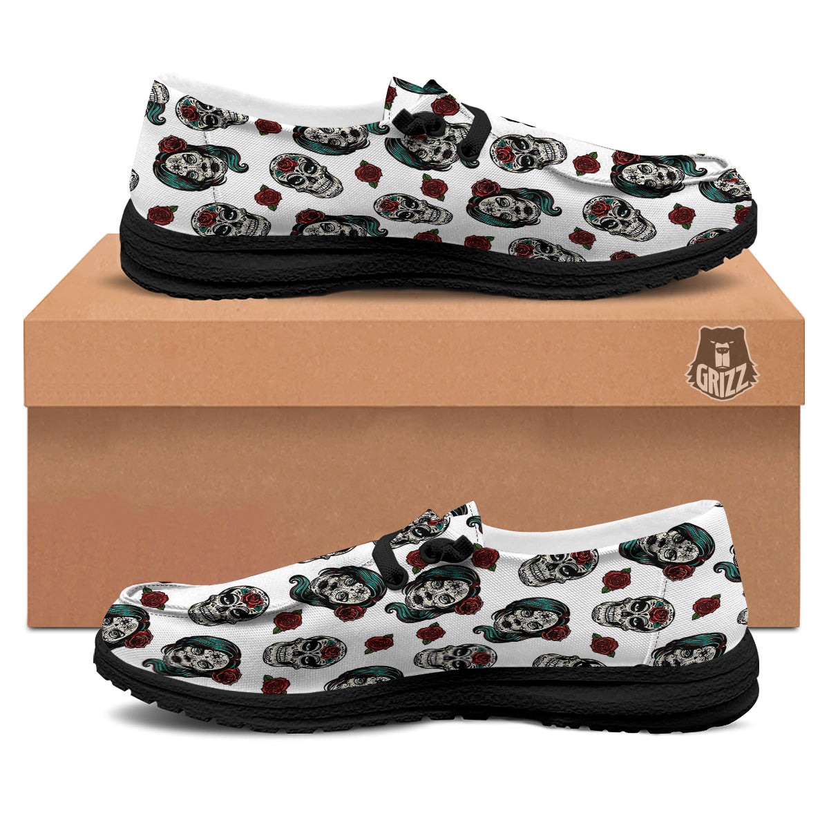Sugar Skull White Floral Print Pattern Black Loafers-grizzshop