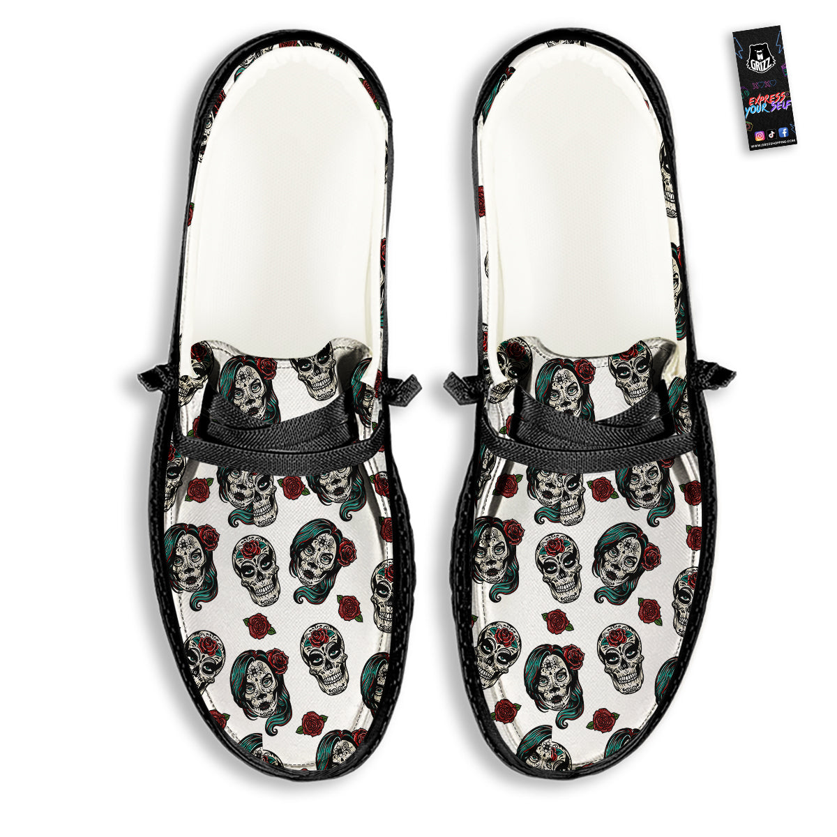 Sugar Skull White Floral Print Pattern Black Loafers-grizzshop
