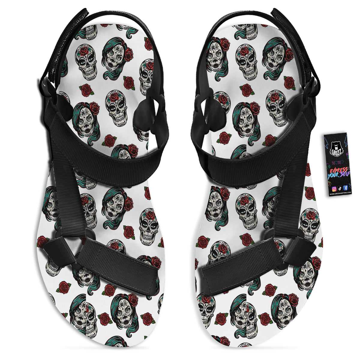 Sugar Skull White Floral Print Pattern Black Open Toe Sandals-grizzshop