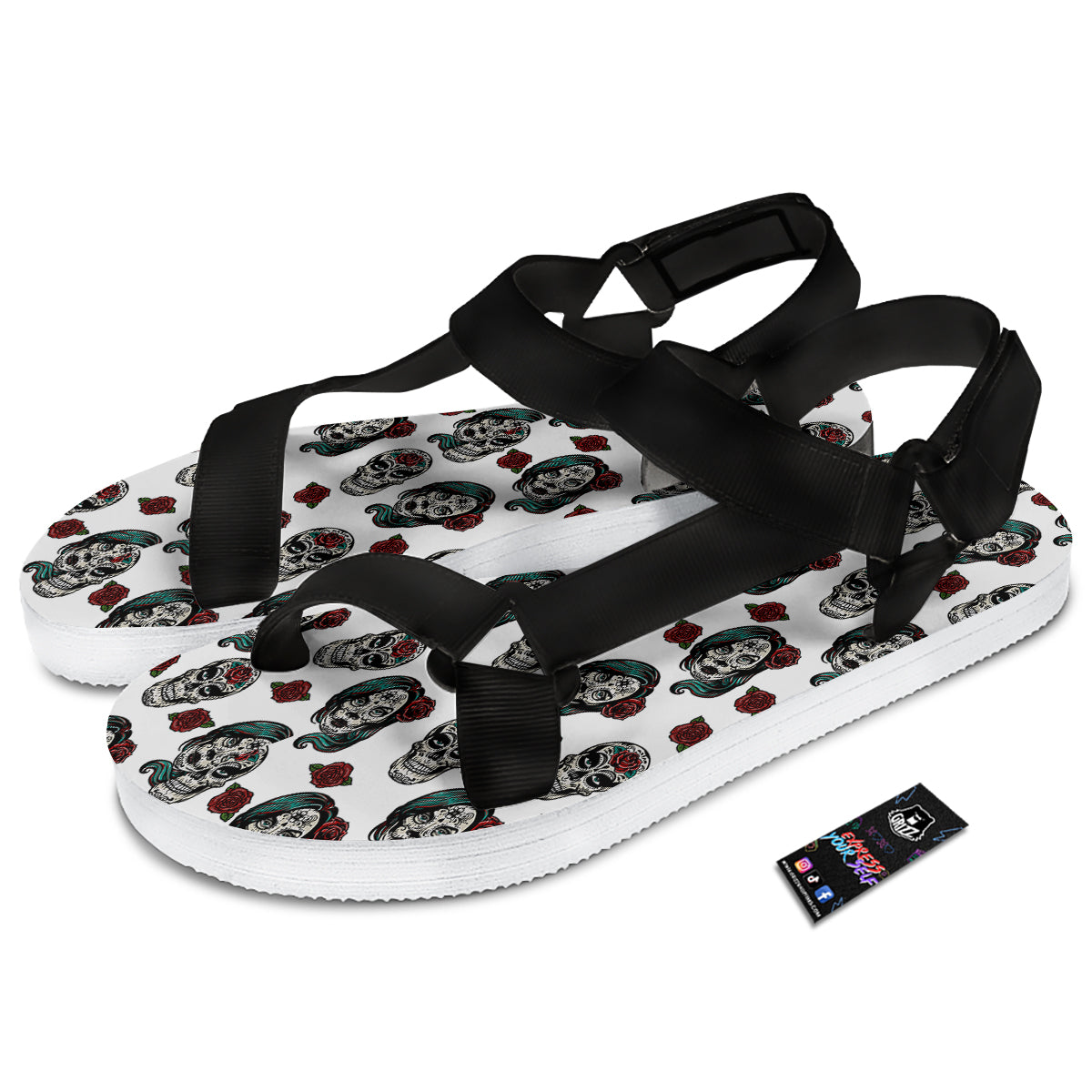 Sugar Skull White Floral Print Pattern Black Open Toe Sandals-grizzshop